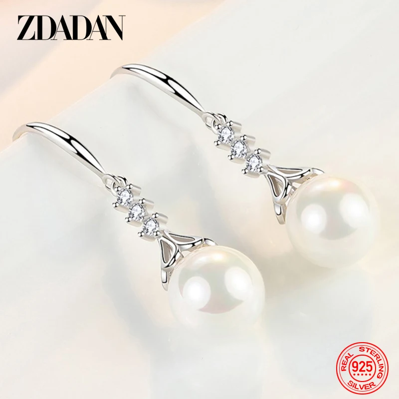 ZDADAN 925 Sterling Silver Drop Shaped Pearl Long Dangle Earring For Women Fashion Wedding Jewelry Gift