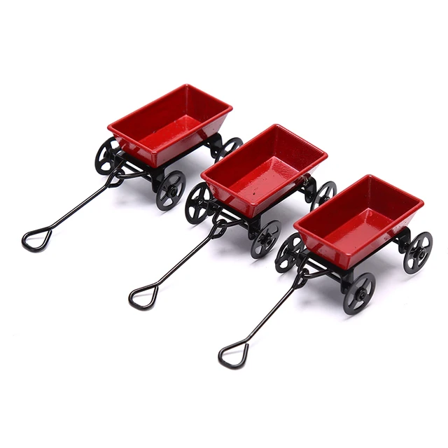 1:12 Mini Cute Dollhouse Miniature Metal Red Small Pulling Cart Garden Furniture Accessorie Home Decor Gift Toy Gifts Ornament 2