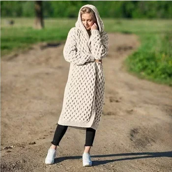 

Winter warm solid color fashion women's long knit sweater hooded cardigan jacket casual woven long-sleeved pocket sweater 5XL