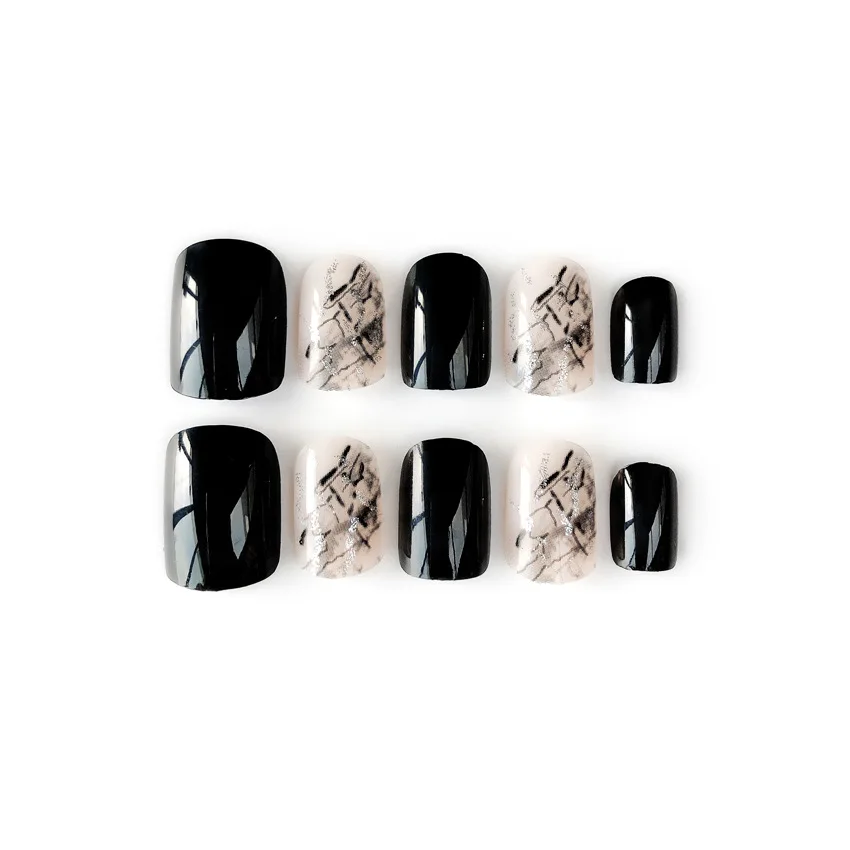 Manicure Finished Product Online Celebrity Style INS Rendering Black And White with Pattern Fake Nails Finished Product Sequin M