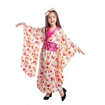 

Girls Japanese Traditional Kimono Silk Long Sleeve Kids Dance Performance Holiday Costumes Floral Girls Dress