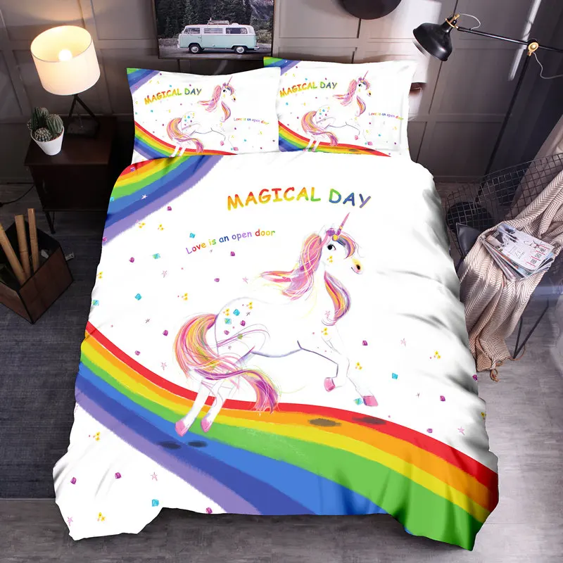 Claroom Cartoon Pink Unicorn Bedding Set Printed Duvet Cover Sets Universe Queen King Quilt Cover Bed Linen HG56# Claroom Cartoon Pink Unicorn Bedding Set Printed Duvet Cover Sets Universe Queen King Quilt Cover Bed Linen HG56#