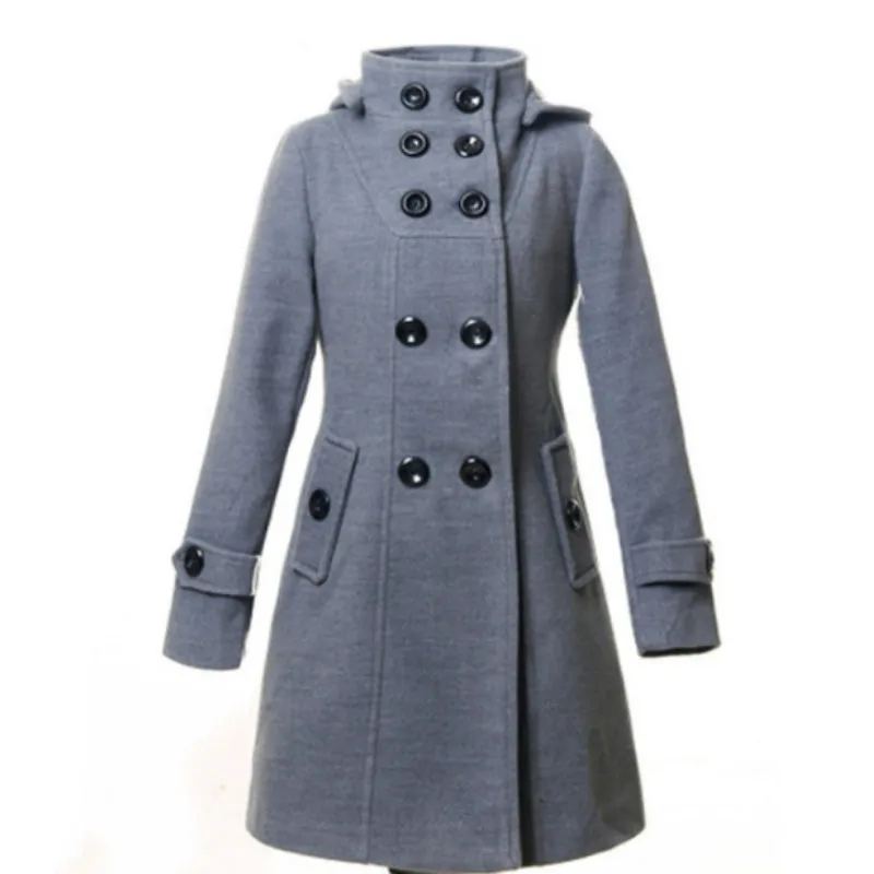 Двубортный бушлат Для женщин зимние Длинные рукава приталенная верхняя одежда Офисные женские туфли плащ куртка с капюшоном в Корейском стиле; пальто
