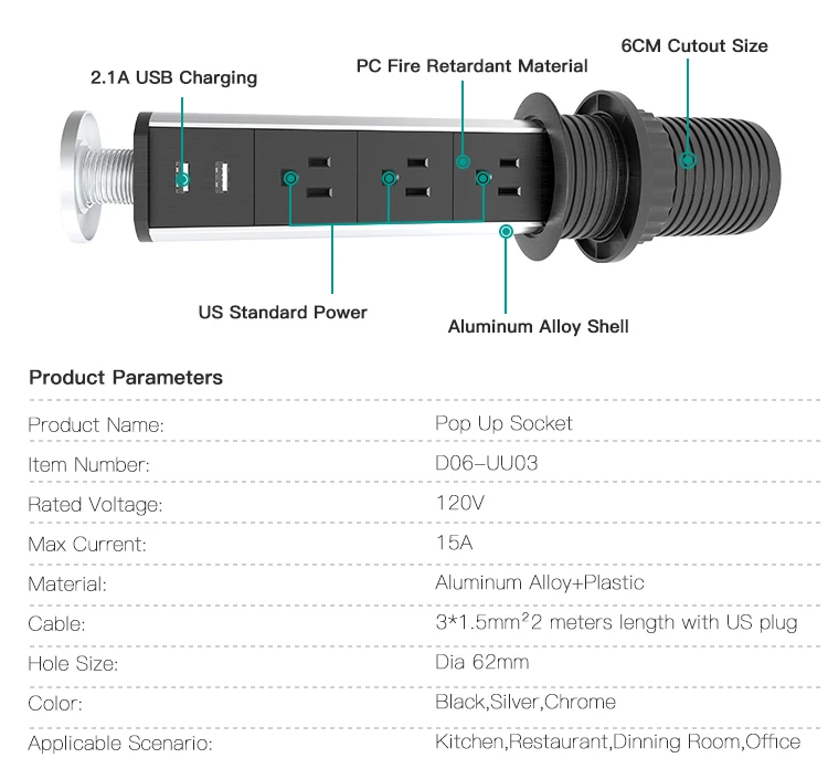 LENGON 15A PULL POP UP 3 power US Socket 2 usb порт для зарядки кухонные настольные розетки выдвижные столешницы