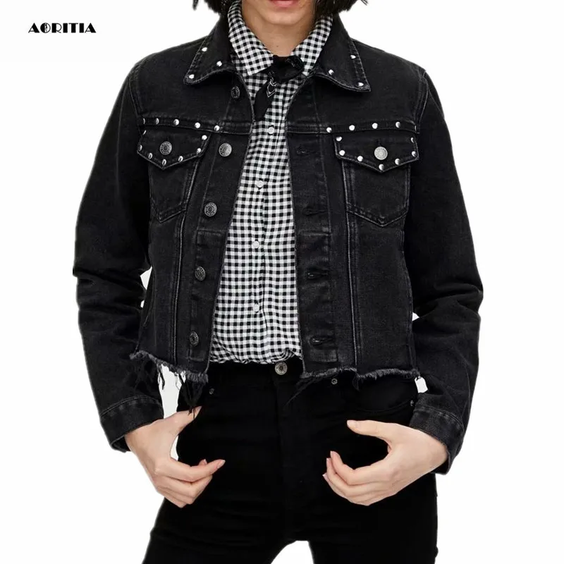 

2019 Autumn Winter Cool Denim Tassels Jacket Women Jeanns Rivets Jacket