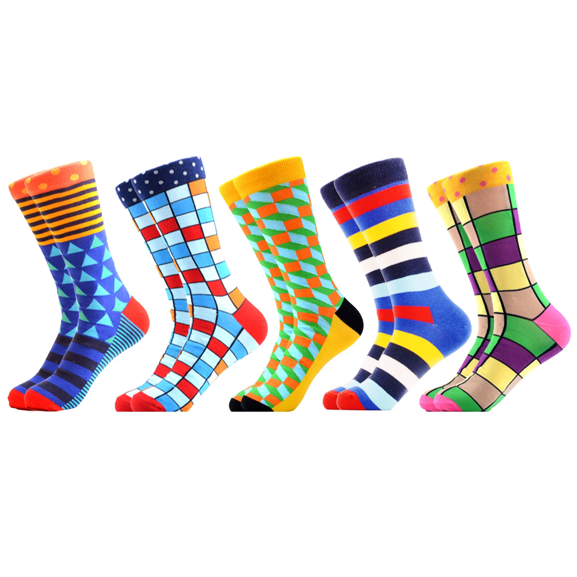 SANZETTI, 5 пар/лот, мужские цветные забавные носки из чесаного хлопка, с Аргайлом, наполненные оптическими полосками, повседневные носки, зимние носки - Цвет: 07056
