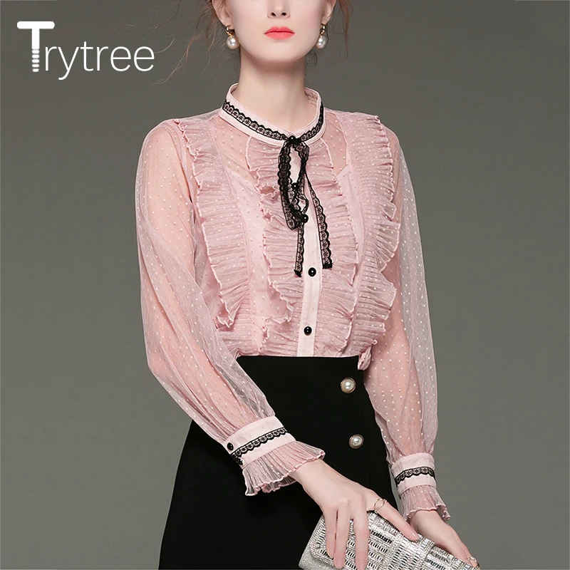 

Ttytree Women Autumn Casual Blouses Lace Bow Single breasted Polka Dot Ruffles Lantern Sleeve Blouse + Vest Office Lady Tops