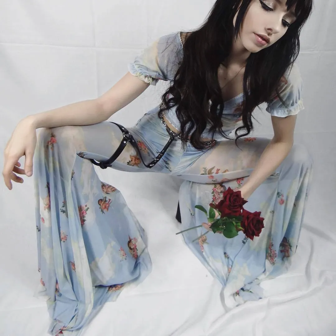 

V Neck T Shirts Angel Print Mesh See Through Flare Pants Two Piece Set Casual Short Sleeve Crop Tops Cupid Long Pant Sets