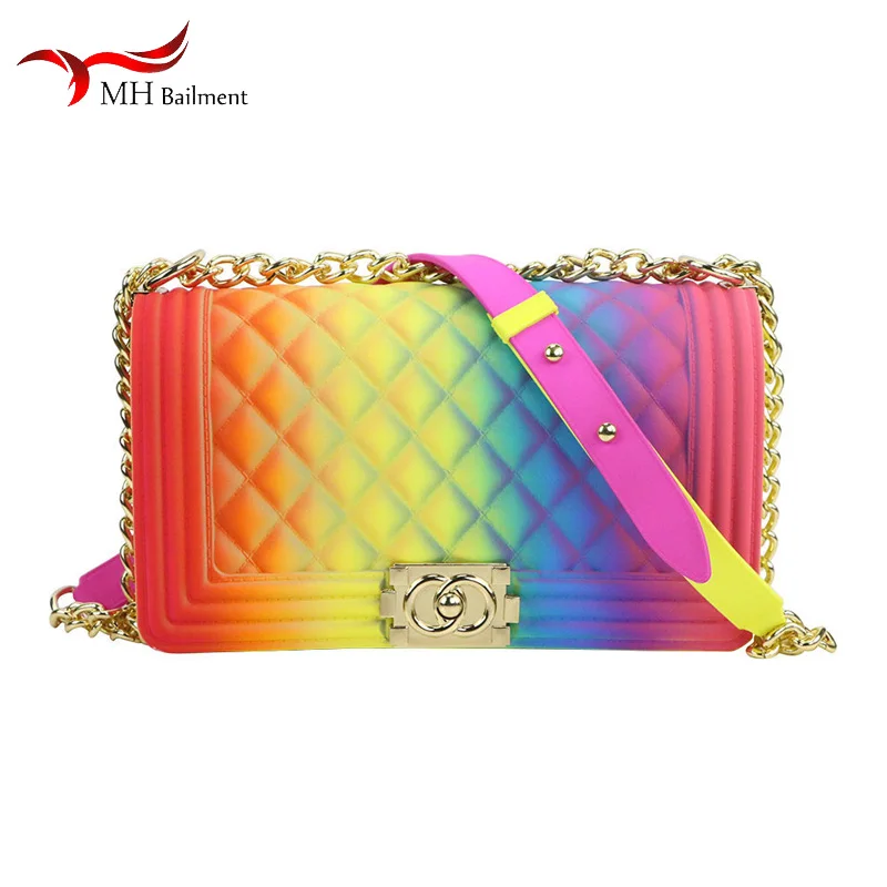 

Female purse rainbow color jelly shoulder diagonal chain bag PVC big purses summer new fashion popular bag with slippers women