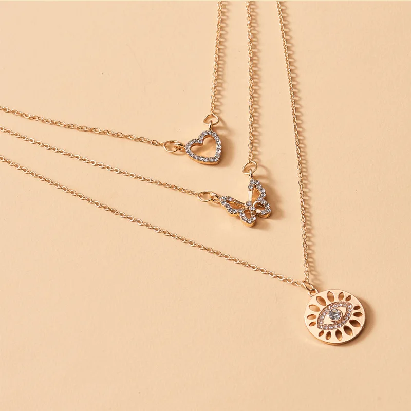Fashion Three-layer Love Butterfly Necklace Demon Eye Crystal Necklace Female Red Wine Glass Pendant Necklace for Women Jewlery