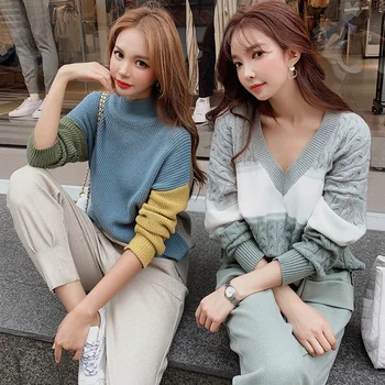 

Dabuwawa Drop Sleeve V-Neck Patchwork Pullovers Sweater Women Casual Jumpers Autumn Winter Women Knitted Sweaters DN1DKT006