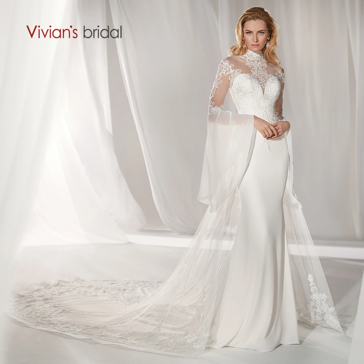 Vivian's Bridal Refective атласное с юбкой-русалкой свадебное платье современное с высокой горловиной Иллюзия сетка Съемный Поезд с расклешенными рукавами свадебное платье