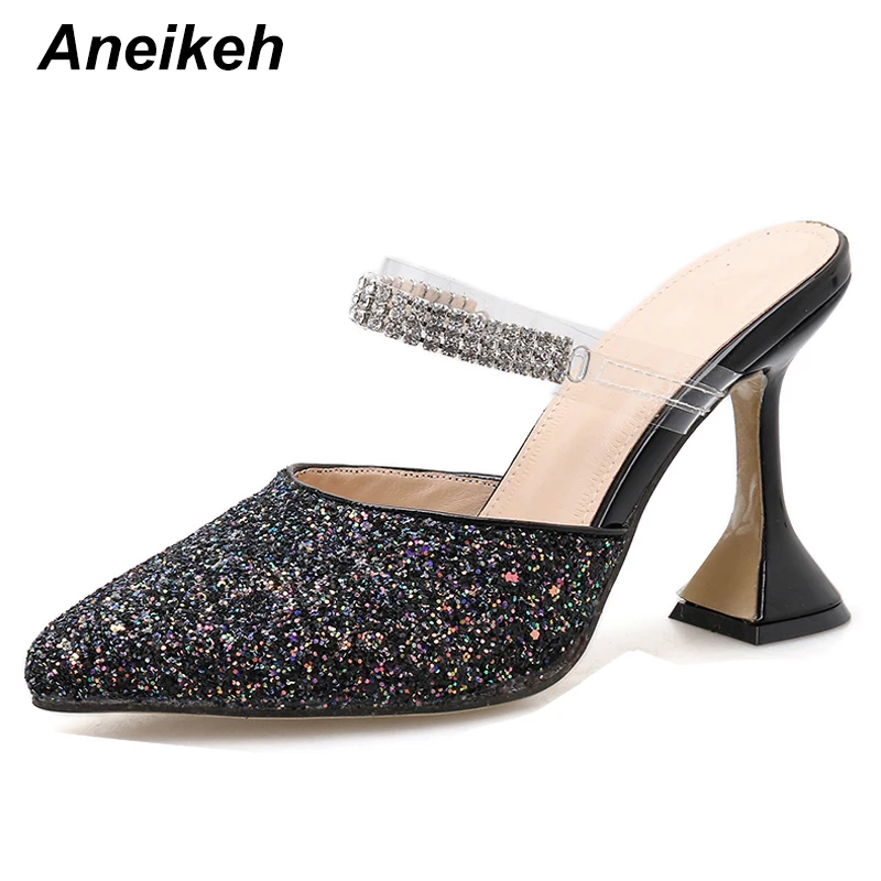 

Aneikeh NEW Fashion Sequins PU Sandals High Heel Ladies HEELS Pointed Toe Slippers Slingback Heel Nightclub Pumps Size 35-42