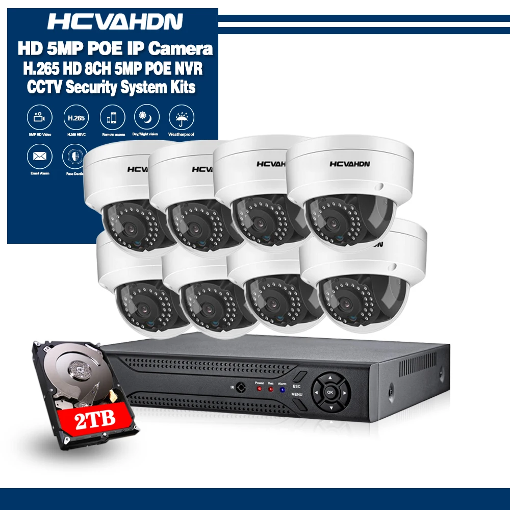 

HCVAHDN 8CH POE CCTV Security System 5MP HD NVR Outdoor Dome POE IP Camera IR Night Vision P2P Video Surveillance Kit With HDD