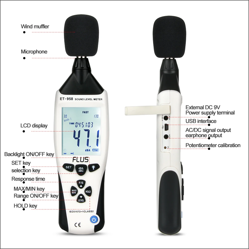 FLUS Sound Level Meters Datalogger Digital Professional Sound Level Meter Sonometros Noise Audio Level 30-130dB Decibels Meter 6