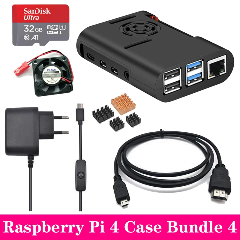 Bundle 4 Raspberry Pi 4 ABS чехол черная коробка защитный кожух+ охлаждающий вентилятор Алюминиевый радиатор для Raspberry Pi 4 Модель B для Pi 4B - Цвет: Bundle 4