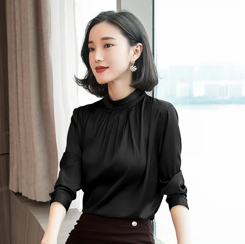 Корейские модные женские шелковые рубашки Женская атласная блузка, рубашка blusas Mujer De Moda женские блузки элегантные женские шелковые рубашки больших размеров - Цвет: Black