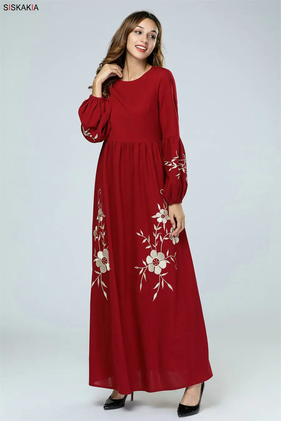 Siskakia элегантное женское длинное платье с цветочной вышивкой, темно-синее мусульманское платье трапециевидной формы с высокой талией, платье с рукавом Бишоп, Осень-зима
