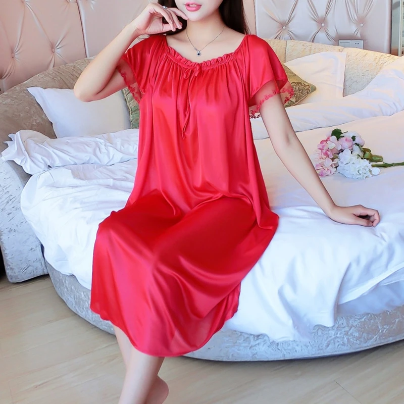 Womens Summer Lace Ice Silk Nightdress Short Sleeve Loose Plus Size Nightgown XL Womens Summer Lace Ice Silk Nightdress Short Sleeve Loose Plus Size Nightgown XL
