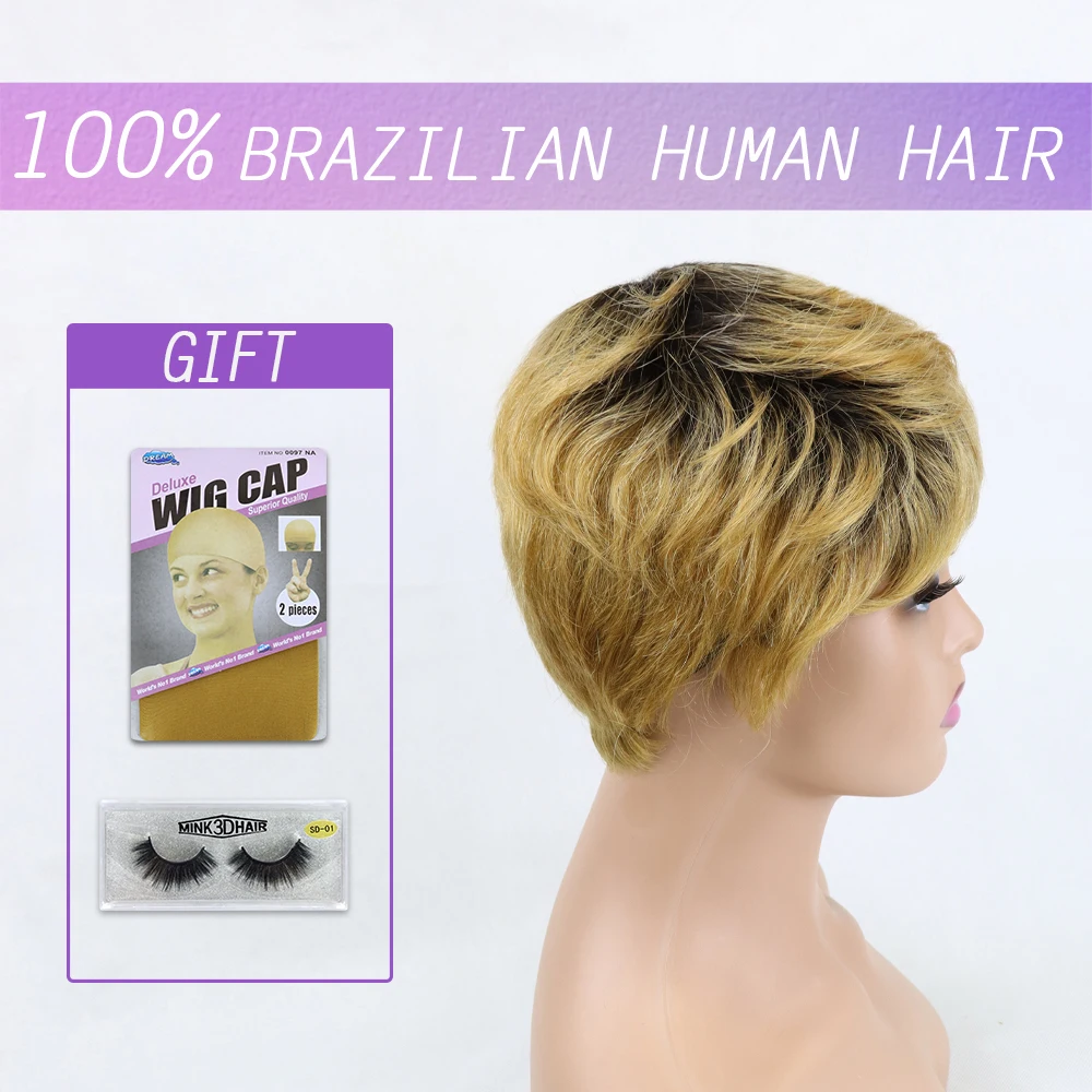 Perucas de Cabelo Brasileiro para Preto Humano Curto Pixie Corte Reto Remy Cabelo Mulher Máquina Feita Perucas Cor Preta Barato Glueless Peruca 184 High Quality Apliques e perucas