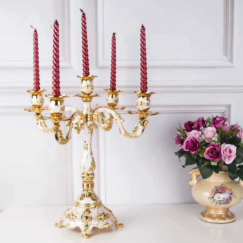 Блестящая золотая свеча держатели для свадебного стола класса люкс 5-руки покрытый подсвечник держатель вечерние Юбилей украшения дома AZT022