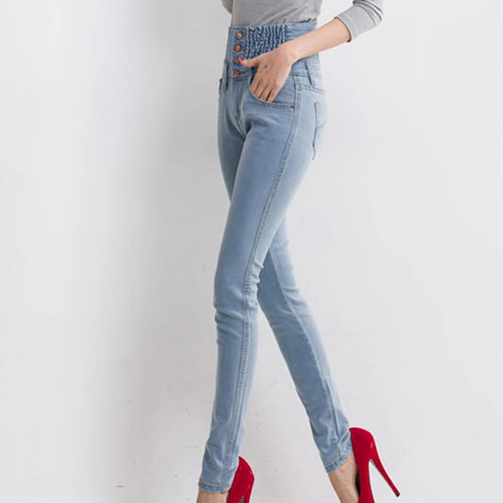 Womens Winter Warm Jeans Casual High Waist Skinny Fleece Lined Pencil Pants Elastic Waist Button Trousers Plus Size Female Jeans
