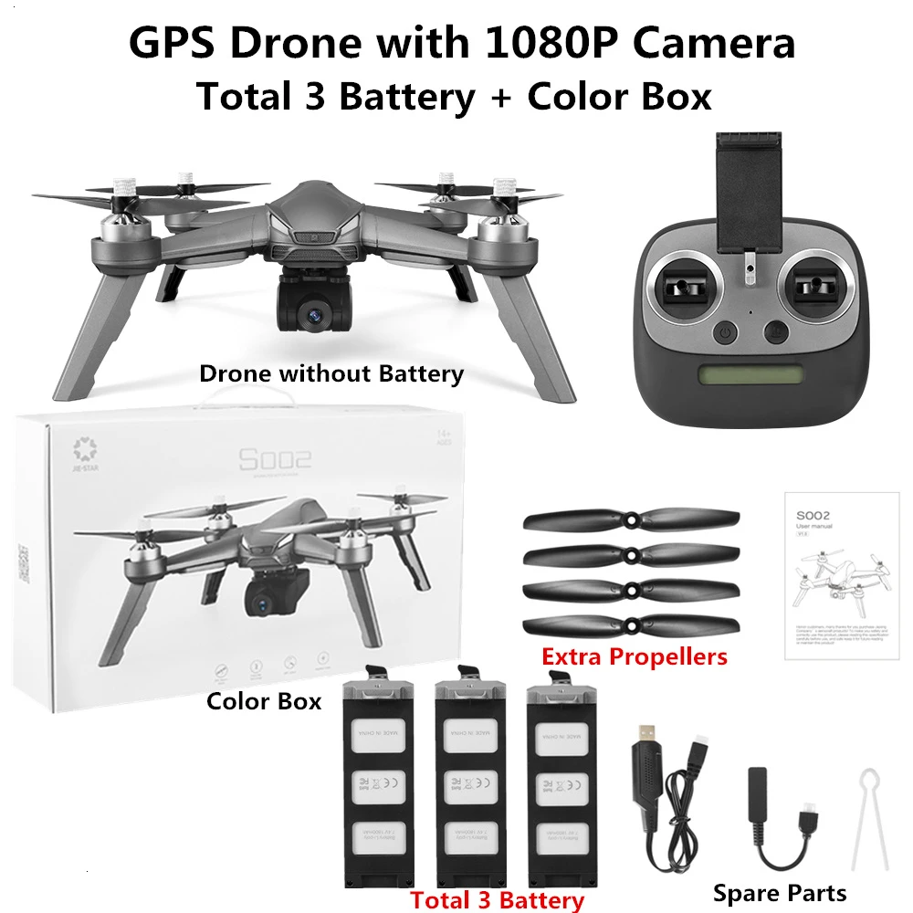1080P-Color Box-3 Радиоуправляемый Дрон, gps Квадрокоптер с WiFi FPV HD камерой, gps, режим следования за мной, бесщеточный Радиоуправляемый квадрокоптер, самолет без пилота, VS B5W, игрушка в подарок - Цвет: 1080P-Color Box-3