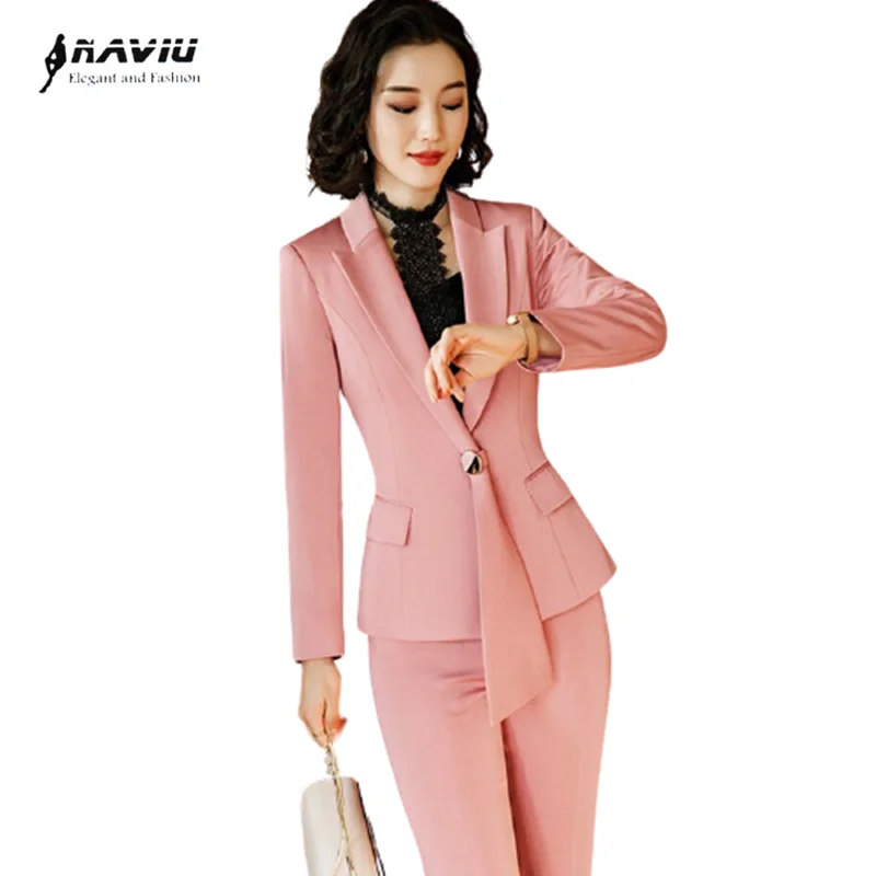 pant suit for wedding guest Formal Women Pink Pant Suits Office Ladies Work Wear Apparel Tie Collar Jacket Blazer and Trouser Outfit Winter Fall 2 Piece Set short pants suit