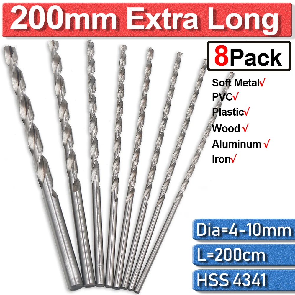 8Pcs/set 200mm Extra Long High Speed Steel HSS Twist Drill Bits For Metal Drilling 4.0/4.2/4.5/5.0/5.2/6.0/8.0/10mm Wood Tool