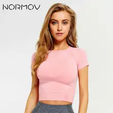 NORMOV спортивный укороченный Топ Женская мода бесшовные рубашки для йоги эластичные дышащие с коротким рукавом женская спортивная одежда