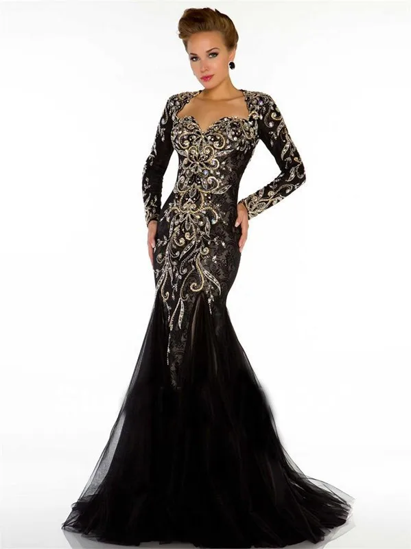

2018 Sexy Black Long Sleeves Tulle Mermaid Open Back Sweetheart Lace Beaded Crystal Backless Gown dsa bridesmaid dresses