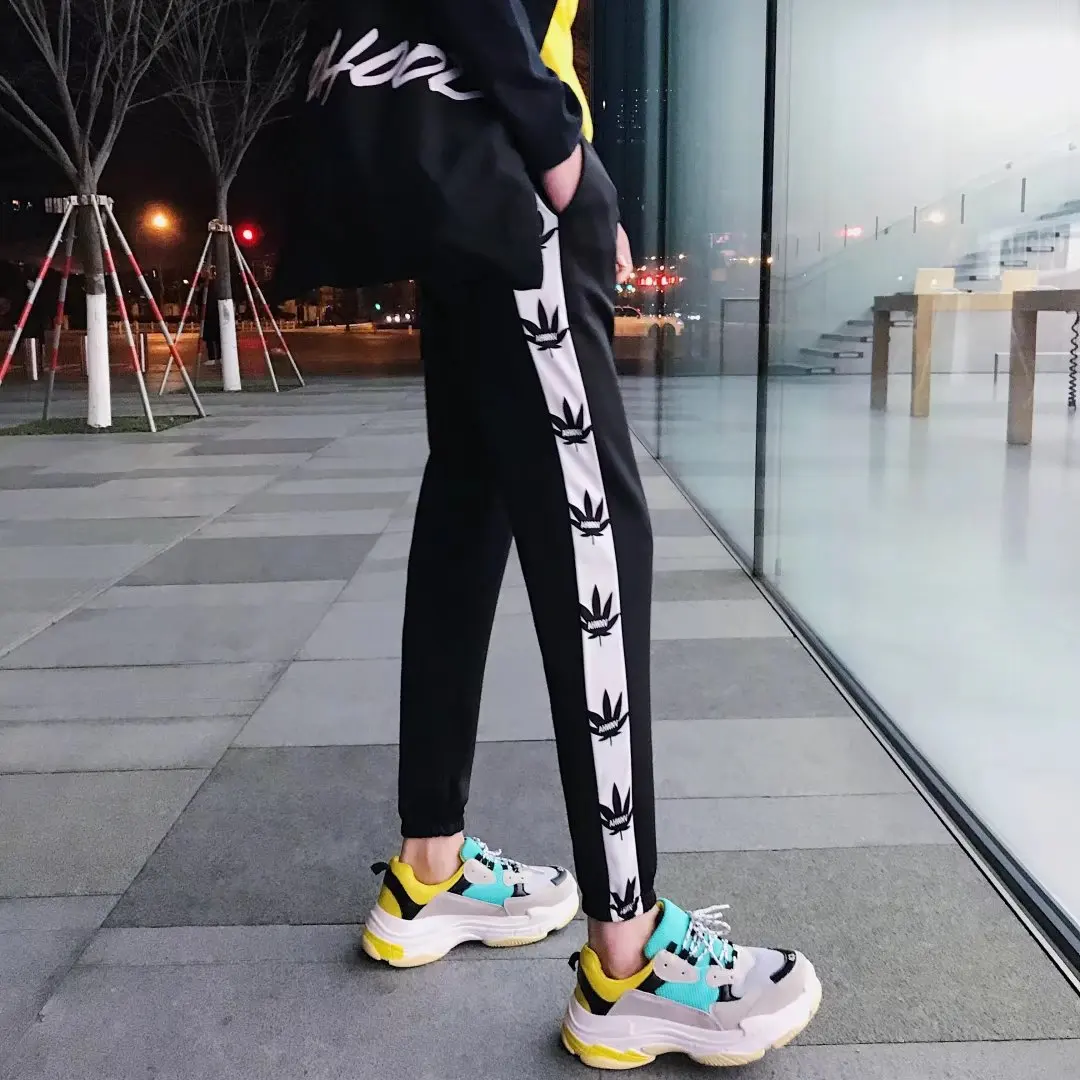

2018 Spring And Autumn Casual Korean-style Teenager Casual Sports Pants Beam Leg Slim Fit Elastic Leaves Capri Pants
