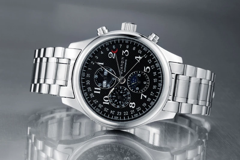 GUANQIN Automatic Mechanical Men Watches Top Brand Luxury Waterproof date Calendar Moon Leather Wristwatch Relogio Masculino A