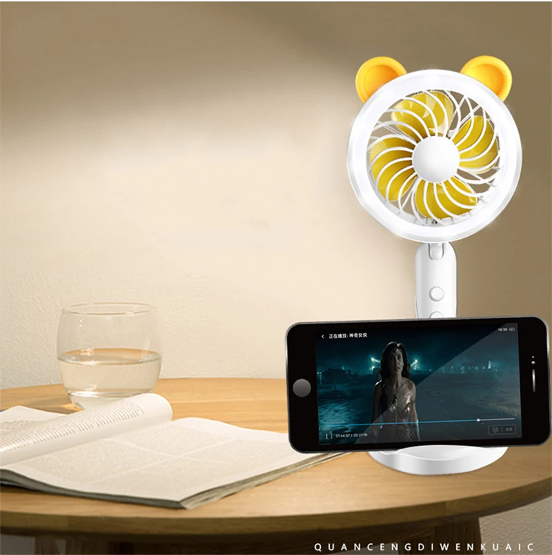 Cute Multi-function Portable Small Fan Hand-held Fan USB Rechargeable Desk Fans With Base Night Lamp