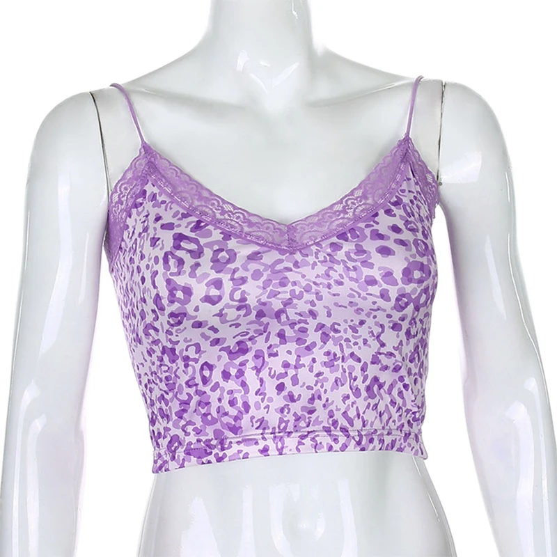 Patchwork Lace Edge Leopard Tank Top Women Sleeveless Sexy Party Clubwear V Neck Rave Streetwear Crop Top