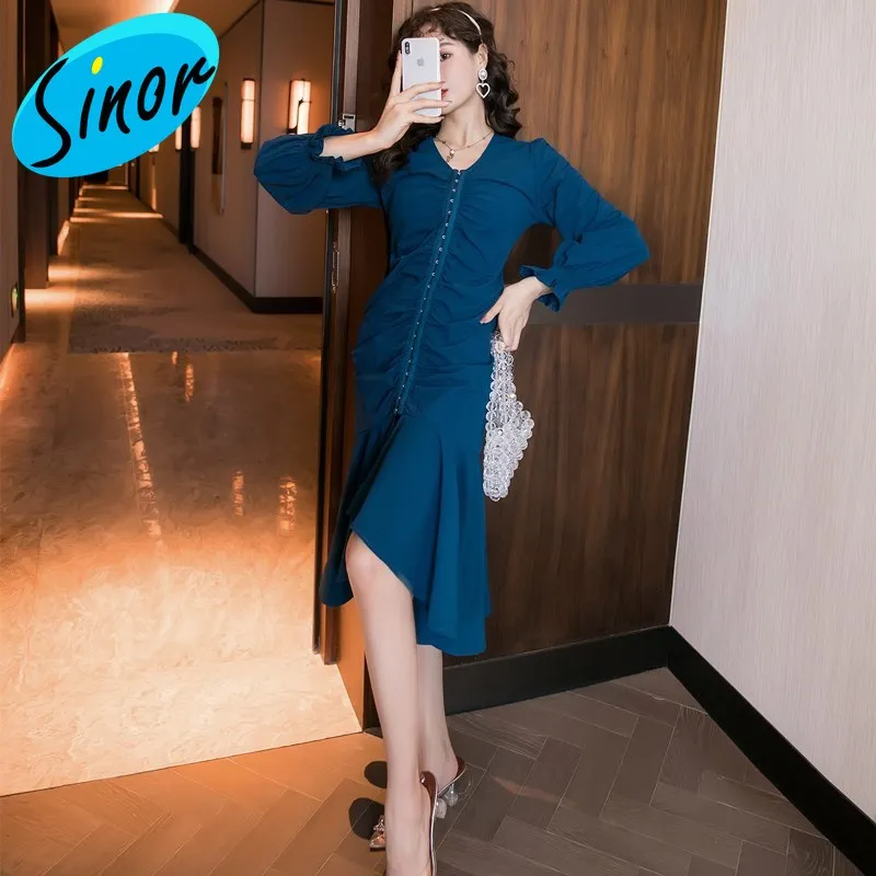 

French Lantern Sleeve Dress Women's 2020 New Style for Autumn and Winter Temperament Mid-Length Skirt Waist Hugging Slim