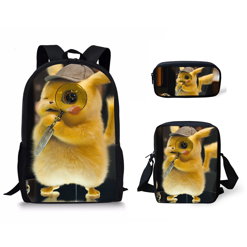 

HaoYun 3PCs/Set Children's Backpack Detective Pokemon Anime School Bags Set Kawaii Pikachu Pattern Tennagers Cool Book Bags