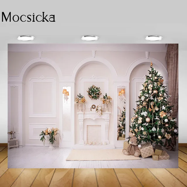 Mocsicka Christmas Living Room Backgrounds Christmas Tree Fireplace Garland Xmas Backdrop Decorations Newborn Photography Props Style-5