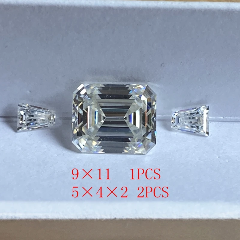 9*11mm Emerald Cut 4.36 carat With 2piece 2*4*5mm Trapezoid White Moissanite Stone Moissanite Diamond for Wedding Ring