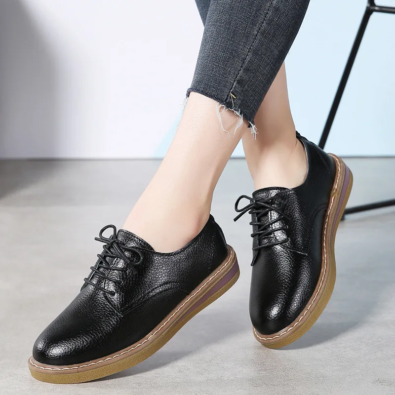 

2020 Spring New Style WOMEN'S Shoes Cowhide Flat Lace-up British Style WOMEN'S Shoes Soft Surface Casual Leather Shoes Students