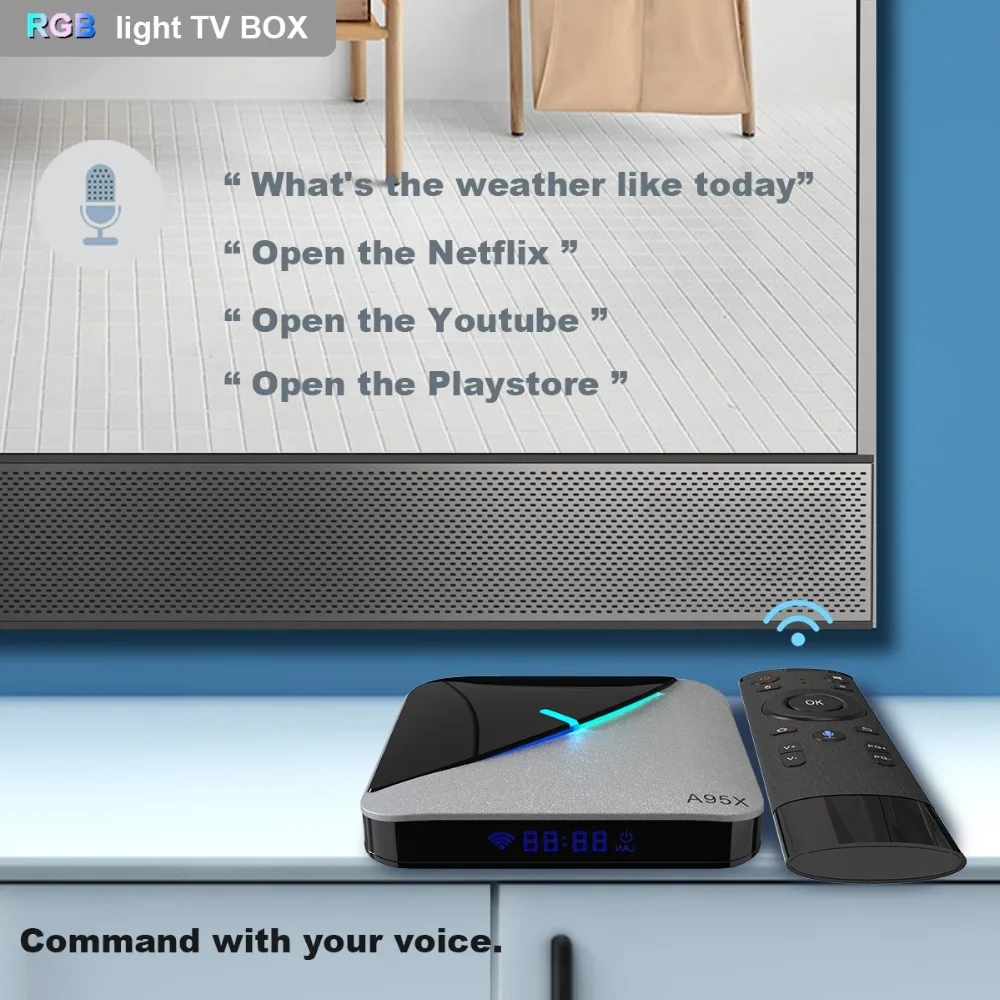 A95X воздуха RGB светильник Android 9,0 ТВ коробка 8K 4K Youtube Amlogic S905X3 Netflix, Wi-Fi, 2 ГБ, 4 Гб оперативной памяти, 16 Гб встроенной памяти, 32 ГБ, 64 ГБ, очень быстро set top tv BOX