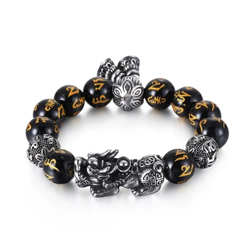 

Semi-precious Stone Beads Lucky Bracelet Men Stainless Steel Buddhism Mantras Lotus Dragon Charm Bracelet Amulet Jewellry