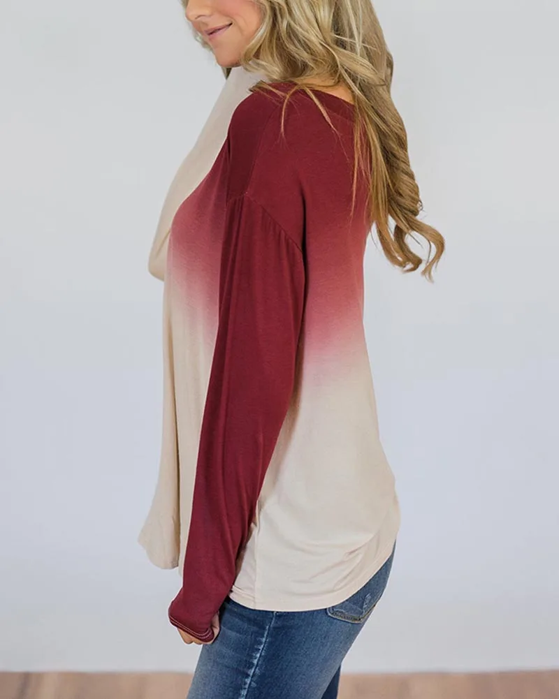 Hitmebox Женская туника с длинными рукавами с градиентом Топы пуловер с вырезом лодочкой Повседневный свободный крой Омбре цвет галстук краситель футболки с принтом