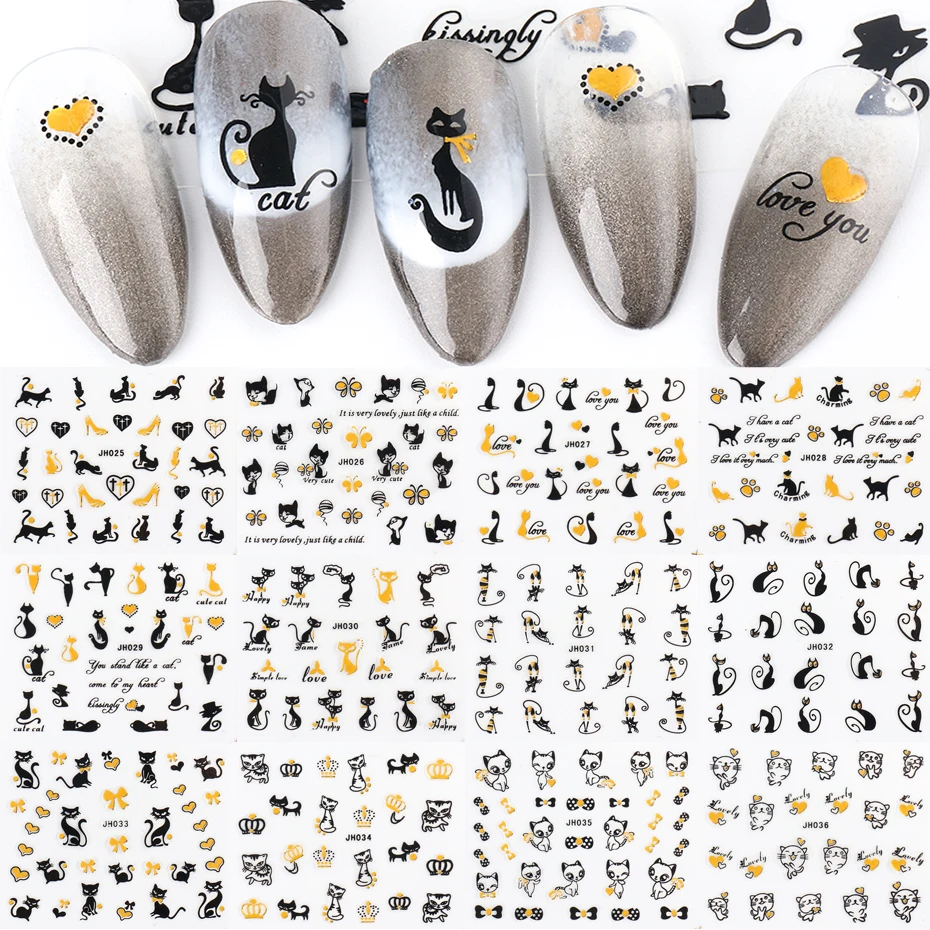 12 Pieces Sexy Chats Noir 3d Ongles Autocollants Or Argent Dessin Anime Chaton Adhesif Curseur Conseils Ongles Art Vernis Decoration Bejh025 036 1 Aliexpress