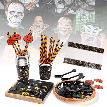 

New Halloween Party Supplies Disposable Tableware Set Serves 24 People Cups Napkins Cutleries for Party Bar Cafe