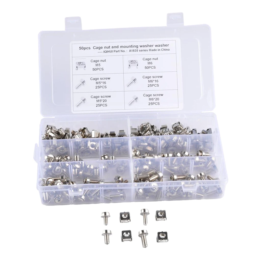 100 Pack Lot - M5*16 M5*20 M6*16 M6*20 Rack Mount Cage Nut & Screw w/ Washer
