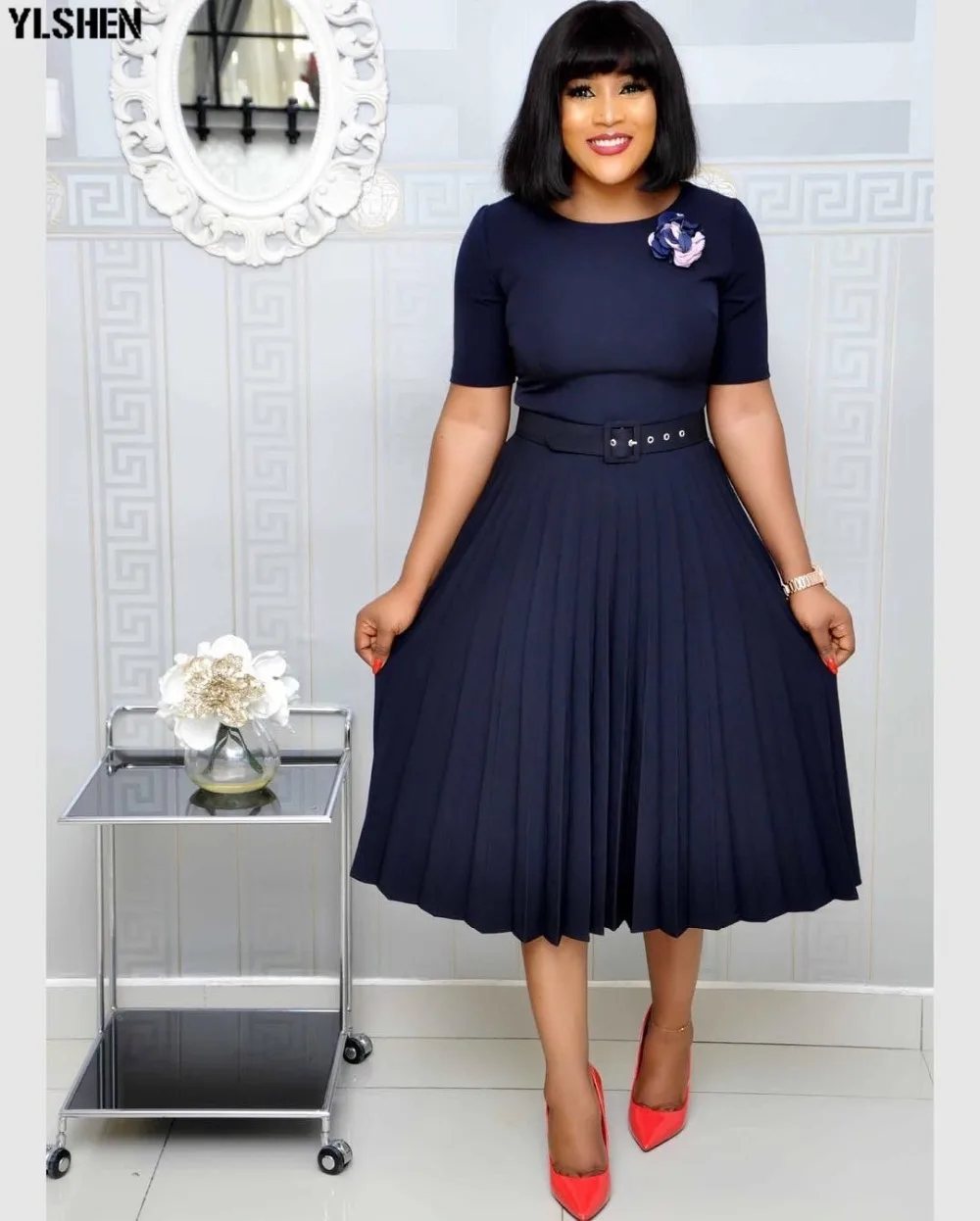 Pleated African Dresses For Women 2020 Elegent Fashion Style African Women Plus Size Polyester Knee-length Dress S-3XL 12