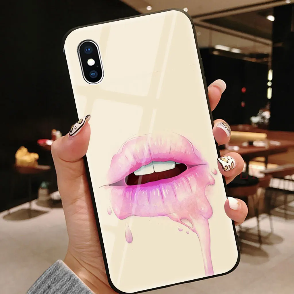 

Fashion Sexy lips glass case for iphone xr x xs max 8 plus 7 7plus 8plus 6 6s 5 5s se coque iphone7 shockproof cover