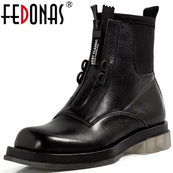 

FEDONAS Fashion Quality Genuine Leather Motorcycle Boots 2020 Autumn Winter Zipper Chunky Heels Pumps Working Shoes Woman Heels