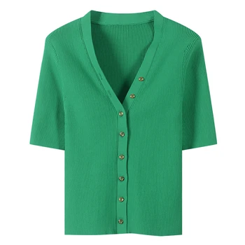 

Runway Casual Solid V-Neck Buttons Top Knitted Flexible Women T-Shirt Sexy Short PartyTees Summer Holiday T Shirt Beach Crop Top